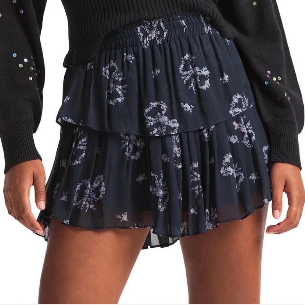 LoveShackFancy navy blue tiered ruffle mini skirt with adorable floral bows